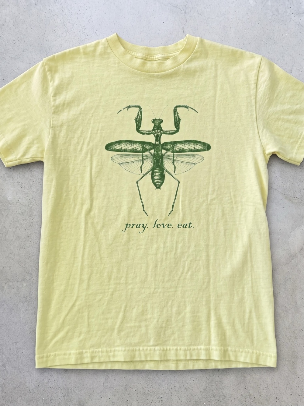 Gildan Yellow Tee with Green Praying Mantis
Graphic